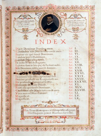 Strona indeksu z portretem Giovanniego Giacomo Gastoldi autorstwa Unknown artist
