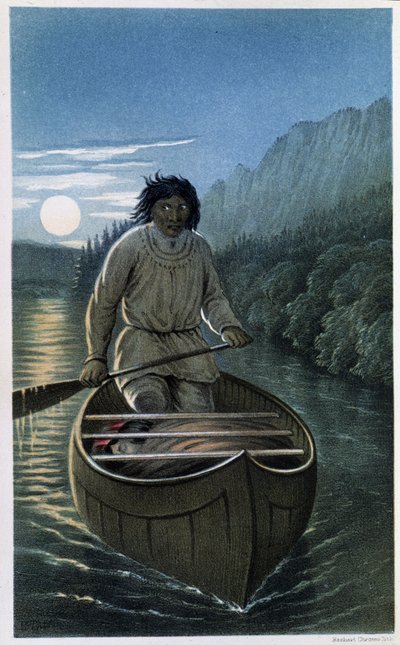 Indyjskie spływy kajakowe w noc pełni księżyca – w „Eksploracji Półwyspu Labrador”, autorstwa Hind autorstwa Unknown artist