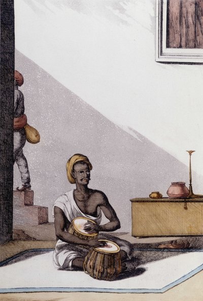 Kultura i cywilizacja indyjska: muzyk grający na tabli, tradycyjny instrument muzyczny, Indie. Grawerowanie 1808. autorstwa Unknown artist