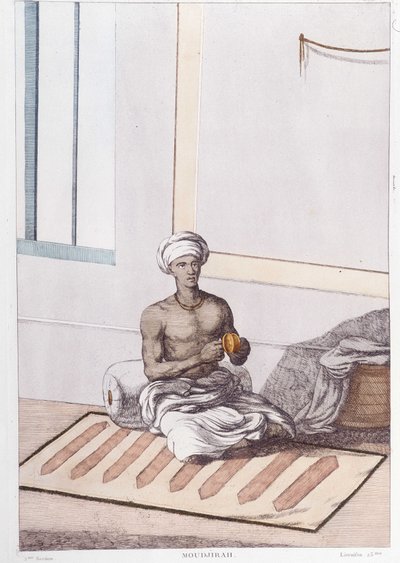 Kultura, cywilizacja i społeczeństwo Indii: muzyk z tradycyjną indyjską perkusją. Grawerowanie z 1808 roku. autorstwa Unknown artist