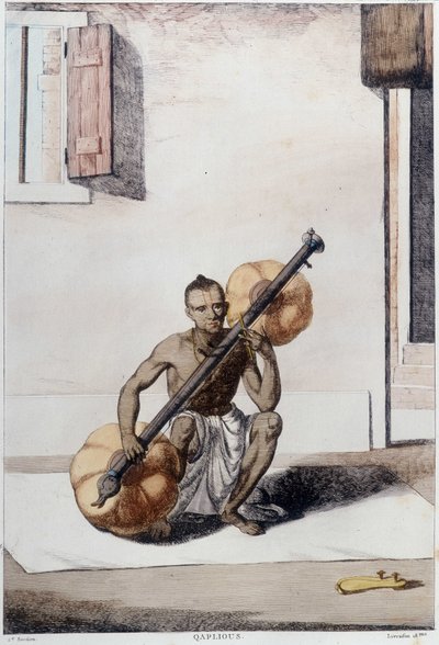 Kultura, cywilizacja i społeczeństwo Indii: muzyk grający na tradycyjnym indyjskim instrumencie smyczkowym. Grawerunek z 1808 roku. autorstwa Unknown artist