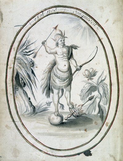 Indianin Kanady z łukiem i strzałami - frontyspis rękopisu „Dialog lub wywiad Francuza z dzikusem” autorstwa Unknown artist