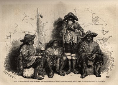 Indianie z Cuzco (Peru), vetus manty, sandały i tradycyjne sombrero, zatrudnieni jako siła robocza przy eksploatacji złóż guana na wyspach Chincha, pili sziszę, ale sfermentowali brandy. Grawerowanie ilustrujące Les iles Chincha, rektyfikowane przez L.Simo autorstwa Unknown artist