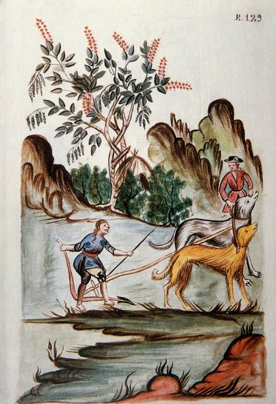 Indianie orający pole psami, z książki „Trujillo del Peru” lub „Kodeks Martinez Companion”, autorstwa Baltazara Martineza Companion i Bujandy, biskupa Trujillo (1782-1785) autorstwa Unknown artist