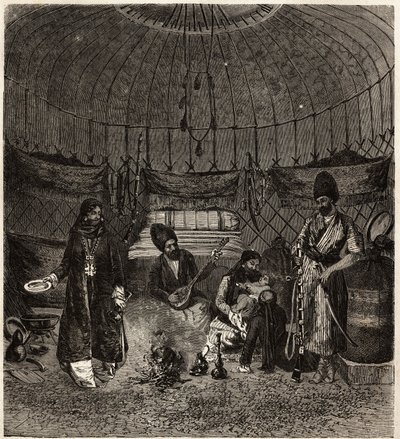 W tureckim namiocie (Turkmena, Irak), domu rodziny, z barhchi (muzykiem, gawędziarzem) w towarzystwie obowiązku śpiewania lub recytowania poezji, artyści ci są bardzo złapani. Grawer ilustrujący historię Henri de Blocqueville „14 mois de capti autorstwa Unknown artist