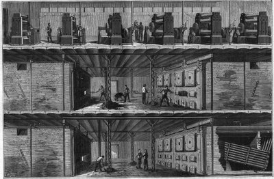 Montaż kotłów i prądnic parowych w Centralnej Stacji Rozdzielczej Energii Elektrycznej (Edison System) w Nowym Jorku w 1884 roku. autorstwa Unknown artist