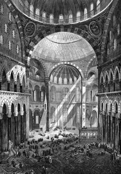 Widok wnętrza meczetu św. Zofii (Hagia Sophia) (sztuka bizantyjska VI wieku) w Konstantynopolu w 1858 roku. autorstwa Unknown artist