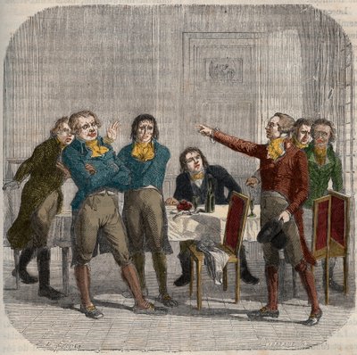 Wywiad Jean-Paul (Jean Paul) Marat (1743-1793), Maximilien de Robespierre (1758-1794) i Georges Jacques Danton (1759-1794) 28 czerwca 1793 w paryskiej kawiarni przy Rue du Paon. Grawerowanie w „”Ilustrowanej Historii Narodowej Francji””. 19 wiek autorstwa Unknown artist