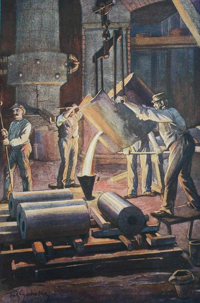 Odlewnia żeliwa, odlewnia, odlewanie kokilowe z roztopionego żelaza autorstwa Unknown artist
