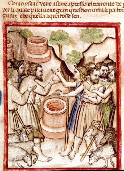Izaak kopie studnie w dolinie Guerar, a pasterze z doliny szukają go kłótni Miniatura zaczerpnięta z kodeksu 212 (lub kodeksu padovano lub Biblii z Padwy) 1390-1400 Rovigo, Accademia dei Concordi autorstwa Unknown artist