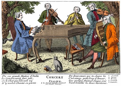 Koncert włoski (muzyka barokowa) z 1. Scarlattim (klawesyn) - 2. giuseppe Tartini (skrzypce) - 3. Ojciec (ojciec) Martini (Giovanni battista) (flet) - 4. Locatelli (skrzypce) - 5. Lanzetti (altówka) - 6. Śpiewający kot. Grawerowanie XVIII wieku autorstwa Unknown artist