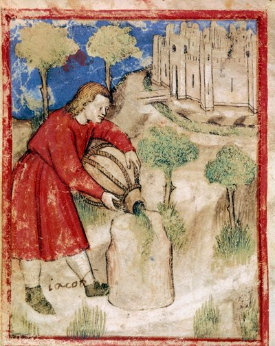Jakub wylał olej na kamień, który służył mu jako miniaturowa poduszka z kodeksu 212 (lub kodeksu padovano lub Biblii z Padwy) 1390-1400 Rovigo, Accademia dei Concordi autorstwa Unknown artist