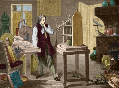 James Watt studiujący doskonalenie maszyny Newcomen (1767) (silnik parowy) - w „Albumie nauki”; wybitni naukowcy; Wielkie odkrycia”” 1896. autorstwa Unknown artist
