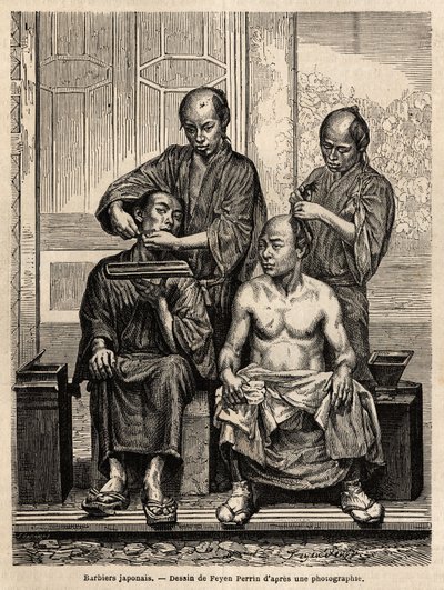 Japońscy fryzjerzy w swoim sklepie, jeden goli brodę, drugi stylizuje mężczyznę z nagim torsem. Rycina ilustrująca podróż do Japonii w latach 1863-1864 autorstwa Aime Humberta, ministra Konfederacji Szwajcarskiej, w „Le tour du monde, nouveau journal des v autorstwa Unknown artist