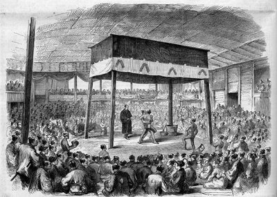 Japoński zapaśnik walczy Sumo w Osace w Japonii. Z rysunku C. Wirgmana. Grawerowanie w „”Wspaniałym wszechświecie”” autorstwa Unknown artist