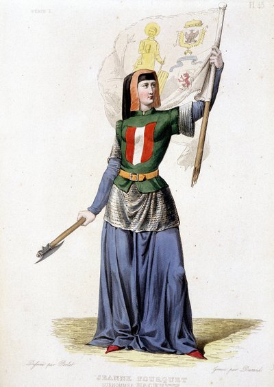 Jeanne Laisné, znana jako Jeanne Fourquet, nazywana Jeanne Hachette francuską bohaterką (od 1456 do?). grawerunek z 1835 r autorstwa Unknown artist