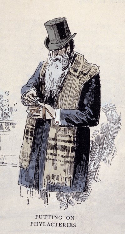 Religia żydowska: stary Żyd ubrany w modlitewną lipę (Talit lub Tzitzit), rycina z 1890 r. autorstwa Unknown artist