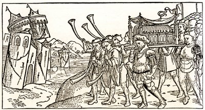 Żydzi niosą Arkę Przymierza przed walącymi się murami Jerycha autorstwa Unknown artist