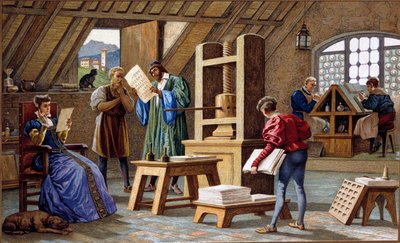 Johannes Gensfleisch Gutenberg (1400-1468), wynalazca prasy drukarskiej (1438). chromolitografia z XIX wieku. autorstwa Unknown artist