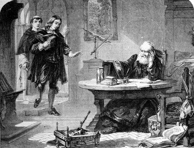 John Milton, angielski poeta i eseista (1608-1674) odwiedził Galileo Galilei (Galileo) (1564-1642) w swojej celi inkwizycji florenckiej. Rytownictwo. 1860 ok. autorstwa Unknown artist