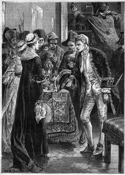 John Paul Jones odwiedza Lady Selkirk po tym, jak jego ludzie zabrali jej kosztowności - Amerykańska marynarka wojenna: John Paul Jones (1747-1792) bohaterowie amerykańskiej wojny o niepodległość i załoga Rangera najechała zamek hrabiego Selkirk w Stanach  autorstwa Unknown artist