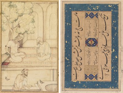Kabir i Dwóch zwolenników na tarasie (recto); Kaligrafia (verso) autorstwa Unknown artist