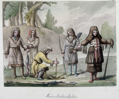 Mieszkańcy Kamtschadales na Syberii. W „”Stary i nowoczesny kostium”” 1819-1820, Ferrario. autorstwa Unknown artist