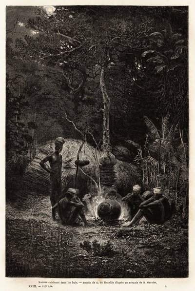 Kanaki gotują się w lesie na terenie Pamale. Grawer ilustrujący podróż do Nowej Kaledonii, autorstwa Julesa Garniera, inżyniera górniczego, w latach 1863-1866, opublikowany w „Le tour du monde, nouveau journal des voyages”, pod redakcją Edouarda C. autorstwa Unknown artist
