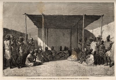 Król Ahmadou przewodniczący rady lub palabre imperium Toucouleur w Segou Sikoro (Mali), mędrcy siedzą, a wojownicy ustawiają się, król trzyma w rękach muzułmański różaniec. Grawerowanie ilustrujące podróż do Sudanu Zachodniego porucznika (marynarki) M autorstwa Unknown artist