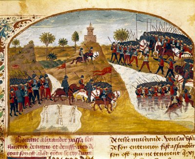 Król Aleksander Wielki (356-323 pne) i jego armia mijają Tygrysa i Miniaturowy Eufrat z „Księgi faktów Aleksandra Wielkiego” Kwintusa Curtiusa Rufusa (Quinte Curce) (I wiek), ok. 1468 r. (Ms. 1335) Reim. Biblioteka Miejska autorstwa Unknown artist