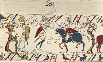 Posłaniec króla Harolda przekazuje mu wiadomość o armii księcia Wilhelma, Gobelin z Bayeux (haft z wełny na płótnie) autorstwa Unknown artist