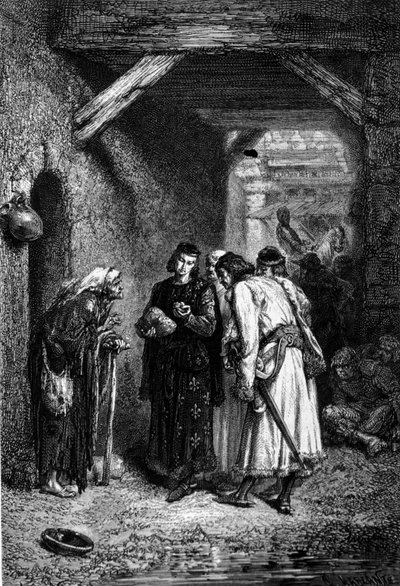 Król Ludwik IX lub Święty Ludwik (1214 - 1270) bada chleb biednych ludzi i stwierdza, że jest suchy. autorstwa Unknown artist