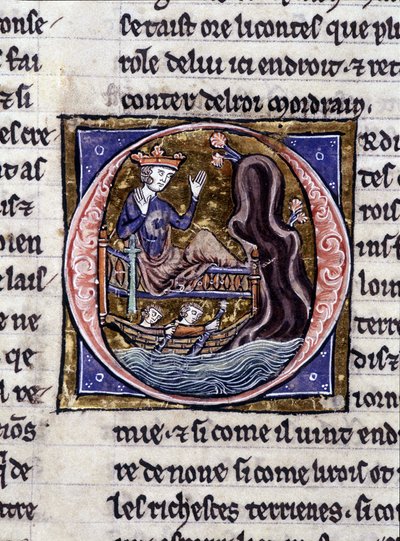 Król Modreius. Rękopis: Conquest of the Saint Gréal, napisany 717 lat po męce naszego Pana. Bibliotheque Municipale de Rennes, ms. 255 (Zbiór powieści Okrągłego Stołu); Paryż autorstwa Unknown artist