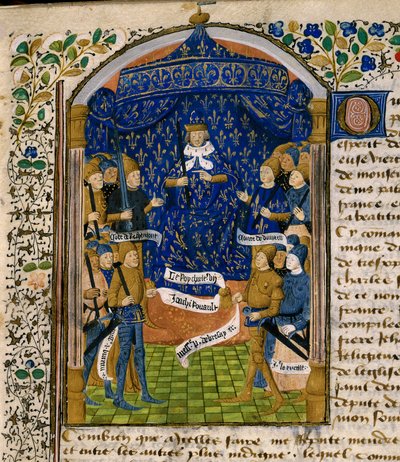 Król Francji Karol VII (1403-1461) i jego dwór. Po prawej: Jean d