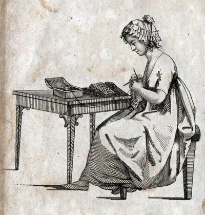 Maszyna dziewiarska: kobieta zajęta robieniem na drutach wełny (szynie) Grawerowanie pod koniec XVIII wieku. Prywatna kolekcja. autorstwa Unknown artist