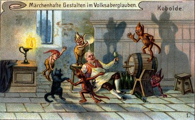 Koboldy, małe elfy lub farfadety niemieckiej tradycji ludowej. chromolitografia z XIX wieku. autorstwa Unknown artist