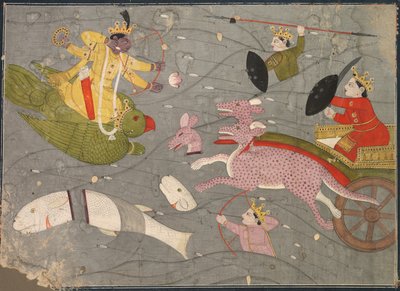 Krishna walczący z synami Vanasury: Skina z sekcji Aniruddha Usha A Krishna Leela autorstwa Unknown artist