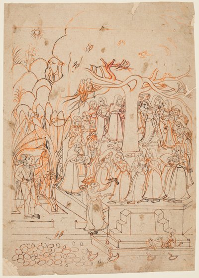 Krishna patrzy, jak dojarki krążą po świętym drzewie: miesiąc Jyestha (maj-czerwiec), z Baramasy (Dwanaście miesięcy) autorstwa Unknown artist