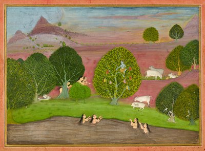 Kryszna kradnie ubrania gopi, folio z <em>Bhagavata Purany</em> autorstwa Unknown artist