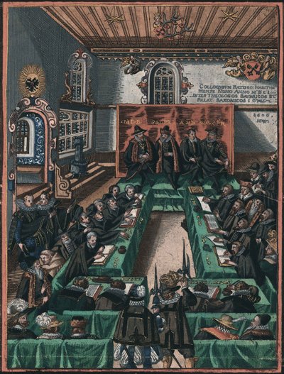 La Conference religieuse de Ratisbonne en 1601 - Kolokwium religijne w Ratyzbonie z 1601 r. Anonim. Miedzioryt, akwarela, ok. 1900 r. 1605. Historisches Museum der Stadt Regensburg autorstwa Unknown artist