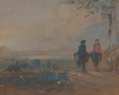 Krajobraz z jeziorem i dwiema postaciami jadącymi autorstwa Unknown artist