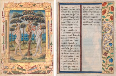 Kartka z Księgi Godzin: Adam i Ewa i upadek człowieka (prefabrykowana miniatura do urzędu Matki Boskiej) (recto) i Tekst z ilustrowaną ramką (verso) (1 z 3 wyciętych kartek) autorstwa Unknown artist