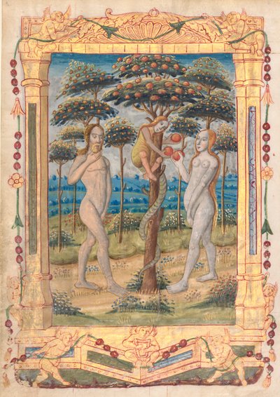 Kartka z Księgi Godzin: Adam i Ewa i upadek człowieka (Prefabrykowana miniatura do Urzędu Matki Boskiej) (recto) autorstwa Unknown artist