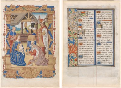 Kartka z Księgi Godzin: Adoracja Trzech Króli (recto) i tekst z ilustrowaną ramką (verso) (3 z 3 wyciętych kart) autorstwa Unknown artist
