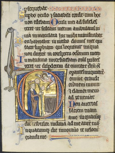 Liść z psałterza: inicjał D: Dawid w modlitwie przed ołtarzem i Chrystus w obłoku (2 z 2 wyciętych liści) autorstwa Unknown artist