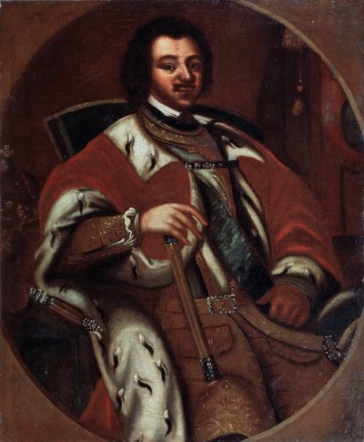 Cesarz rosyjski Piotr I (Wielki) (1672-1725) na tronie (na tronie cesarz Piotr I). Anonimowe malowanie. Olej na płótnie, początek XVIII wieku. Państwowe Muzeum Sztuki w Jarosławiu (Rosja). autorstwa Unknown artist