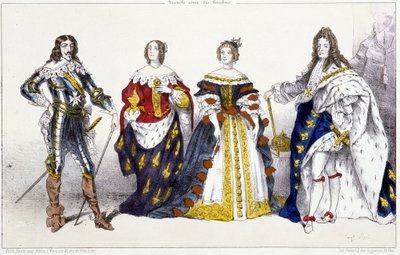 Les Bourbons: Ludwik XIII (1601-1643) i Anna Austriaczka (1601-1666), Maria Teresa Austrii (lub Hiszpanii) (1638-1683) i Ludwik XIV (1638-1715) - Talerz wydobyty z królów i królowych Francji w drukach, Paryż, wyd. Szybki autorstwa Unknown artist