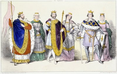 Kapetyjczycy: Ludwik VI Le Gros (1081-1137) i Adelajda Sabaudii (ok. 1100-1154), Ludwik VII Le Jeune (1120-1180) i Adele Szampanii (lub Blois) (ok. 1140-1206), Filip II dit Philippe Auguste (1165-1223) i Isabelle de Hainaut (1170-1190) - Talerz fr autorstwa Unknown artist