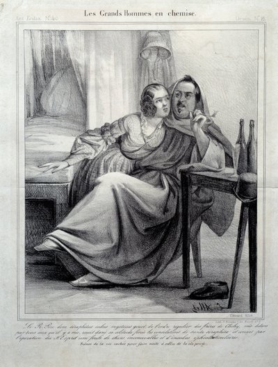 Les grands hommes en chemise Reprezentacja pisarza Honore de Balzac (1799-1850) otulającego młodą kobietę podczas palenia papierosa. Ilustracja E. Alleta (XIX wiek) Paryż, Maison Balzac autorstwa Unknown artist