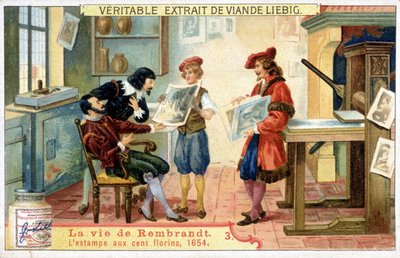 Chromolitografia Liebiga na temat życia Rembrandta (1606-1669) holenderskiego malarza. To jest odcisk 100 guldenów z 1654 roku. autorstwa Unknown artist